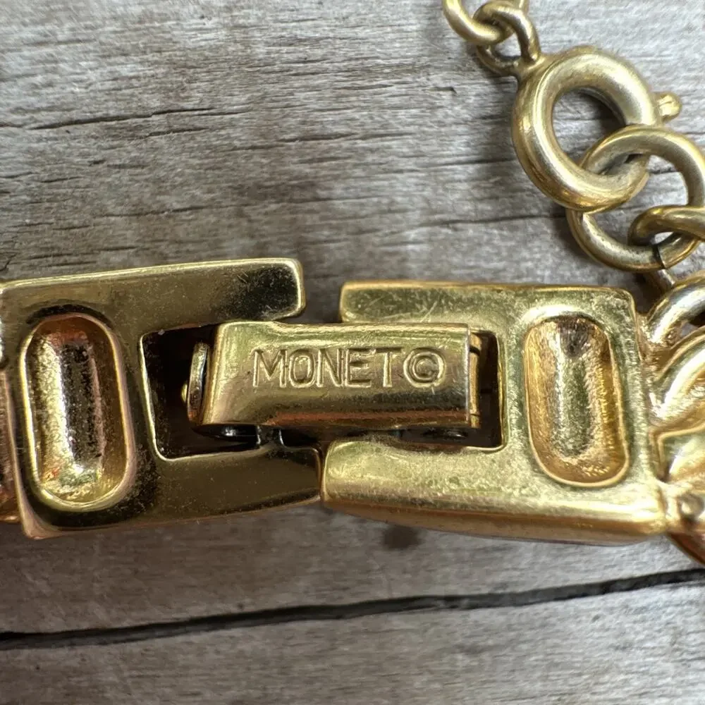 Vtg Monet Gold Tone Bracelet W/ 3 Charms Safety Chain Daughters Child Birthday